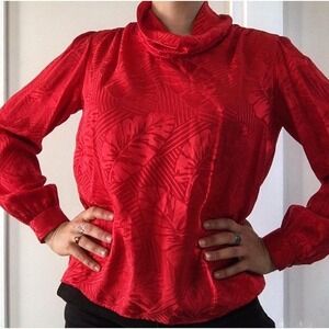 Vtg 80s Lloyd Williams Sz 10 Red %100 Silk Shoulder Pads  Blouse Mock Neck